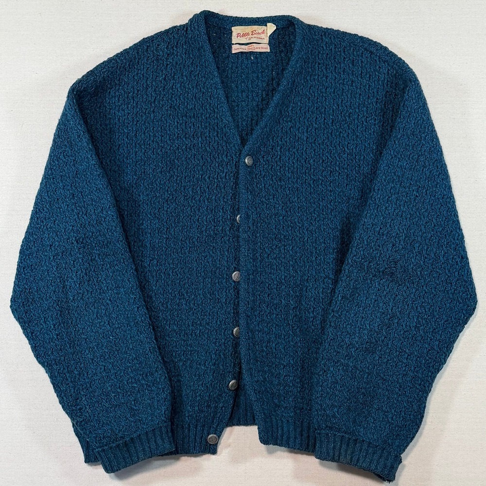 Vintage Pebble Beach California Shetland Wool Cardigan Sweater Teal Blue Mens M